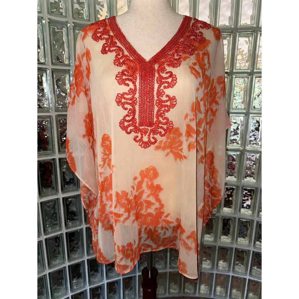 CHICO'S Orange Embroidered Sheer Poncho - size S/M - OB